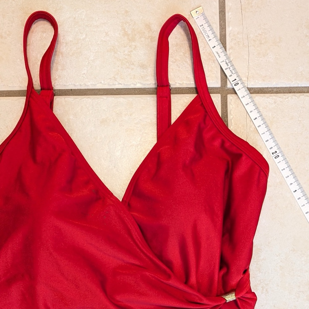 Real Y2K Vintage Simon Chang Wrap Red One Piece Swimsuit w Gold Detail Size 14 - Picture 9 of 16